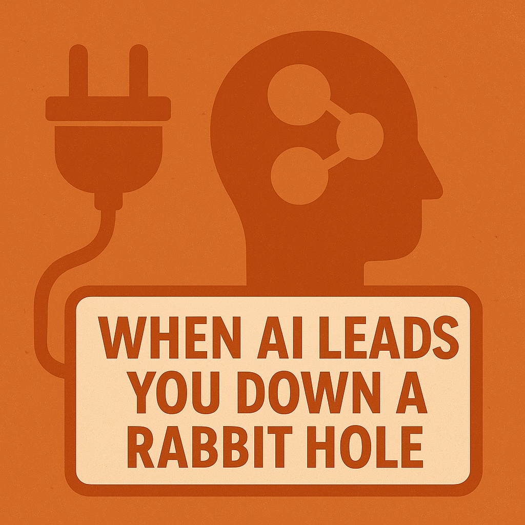 Flat illustration of unplugged cable and human head with brain, in burnt orange palette, symbolising humans regaining control from machines