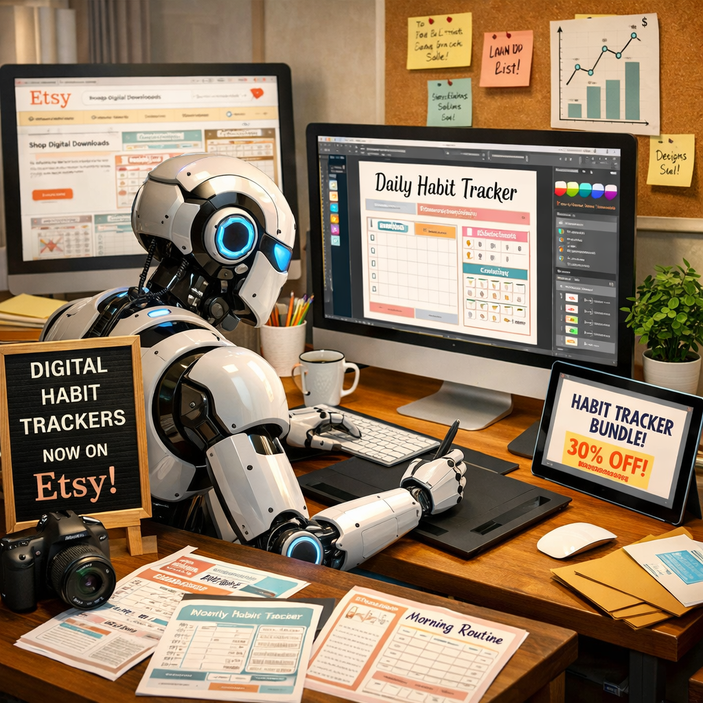 Robot using graphic tablet to design digital habit trackers on computer